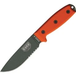 ESEE 4SKOOD Model 4 Part Serrated Fixed Carbon Steel Blade Knife With Orange G-10 Handles