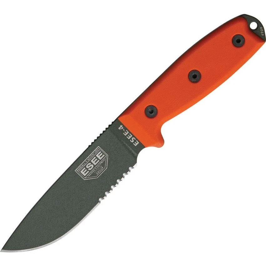 ESEE 4SKOOD Model 4 Part Serrated Fixed Carbon Steel Blade Knife With Orange G-10 Handles 3 ESEE 4SKOOD Model 4 Part Serrated Fixed Carbon Steel Blade Knife With Orange G-10 Handles