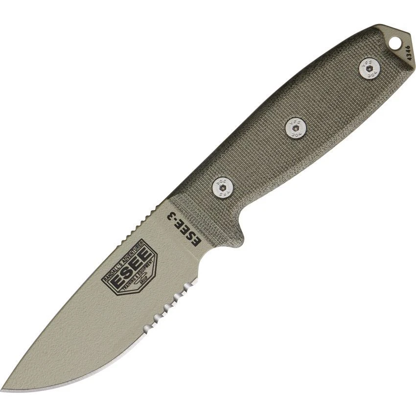 ESEE 3SKODT Model 3 Part Serrated Fixed Blade Knife With OD Green Canvas Micarta Handles 3 ESEE 3SKODT Model 3 Part Serrated Fixed Blade Knife With OD Green Canvas Micarta Handles