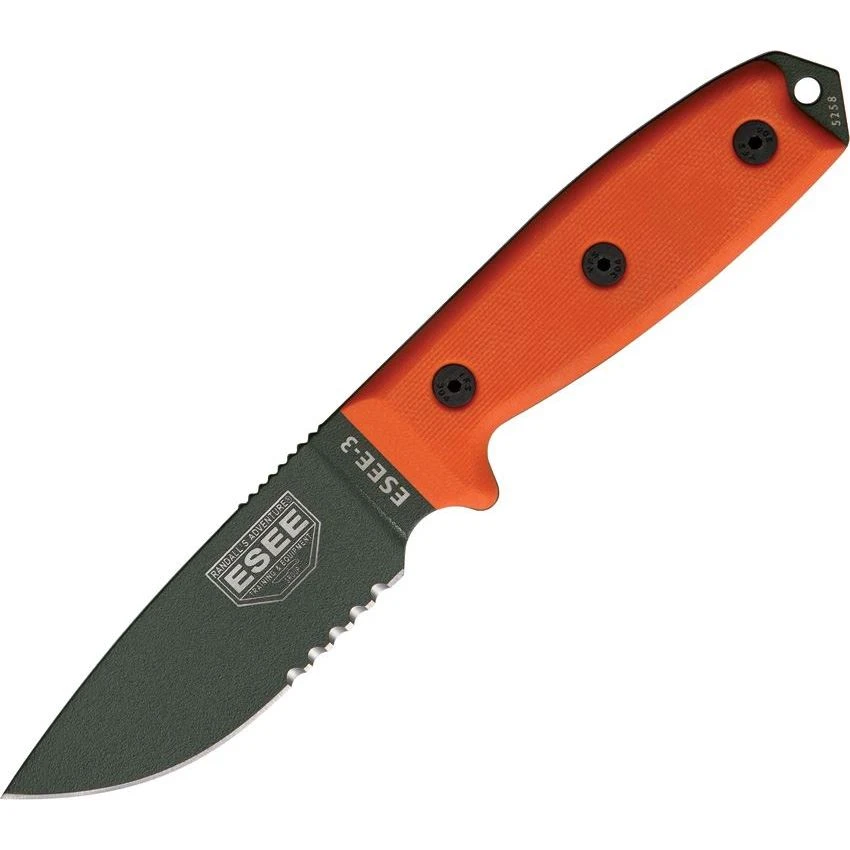 ESEE 3SKOOD Model 3 Part Serrated Fixed Blade Knife With Orange G-10 Handles 3 ESEE 3SKOOD Model 3 Part Serrated Fixed Blade Knife With Orange G-10 Handles